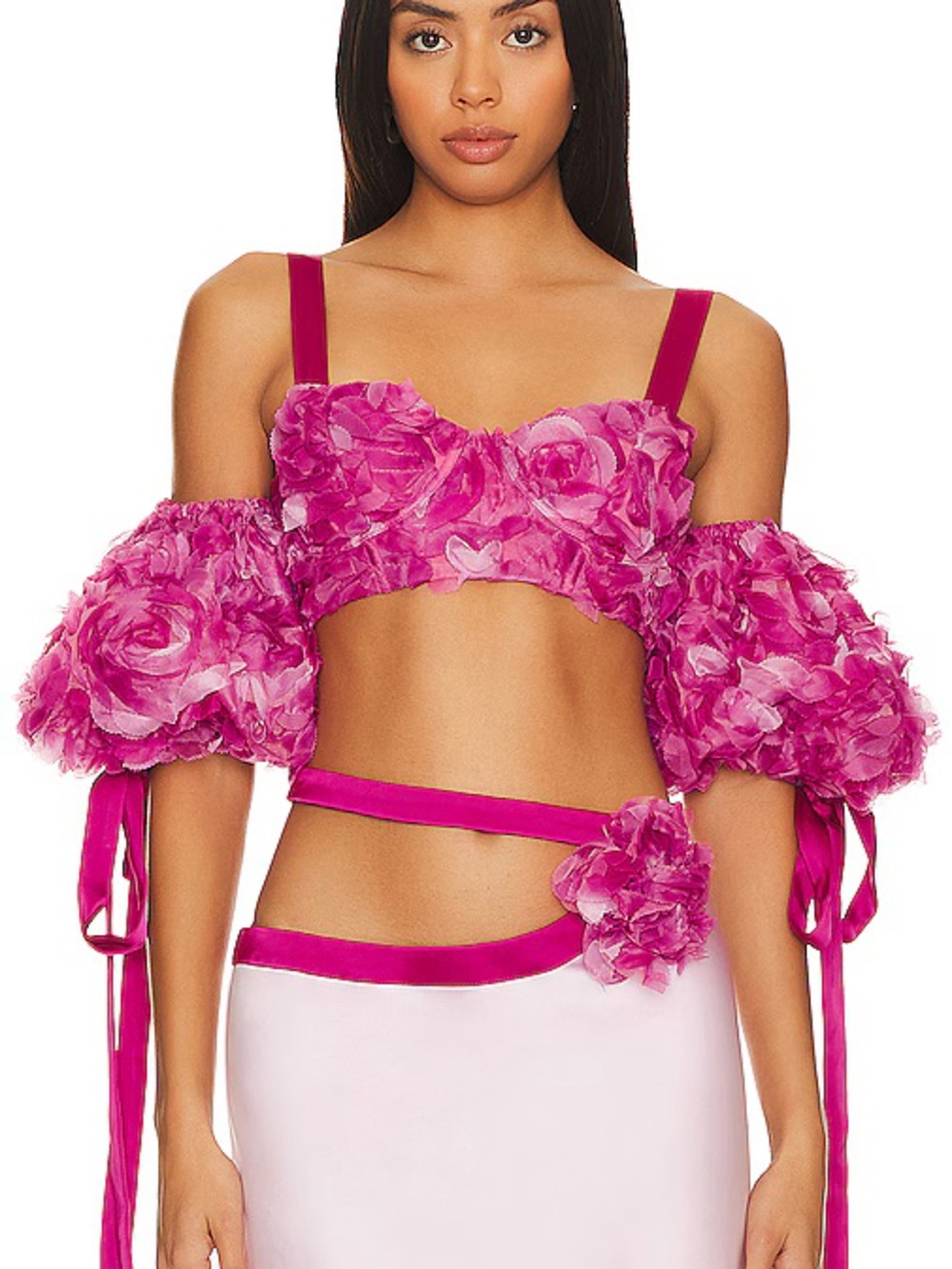 For Love And Lemons Hot Pink Floral Appliqué Puff-Sleeve Crop Top